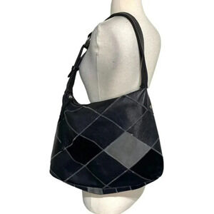 Vintage Lucky Brand‎ black gray leather patchwork boho shoulder bag Hippie Y2K